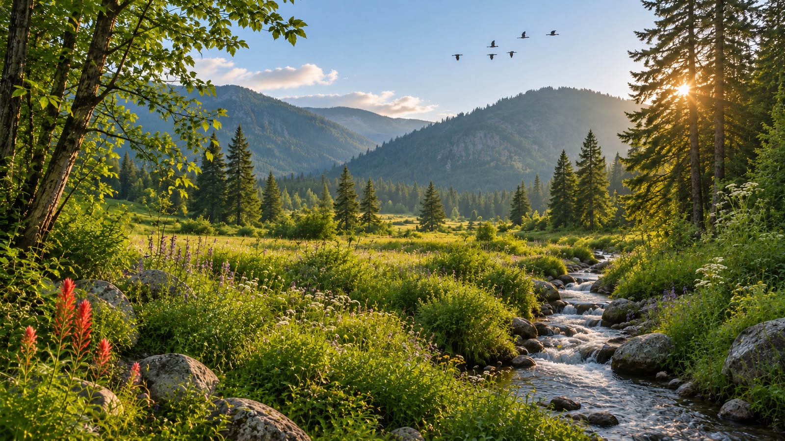 A mountain meadow at low sun: wildflowers, a stream running through rocks, forested ridges behind, and birds crossing the sky.